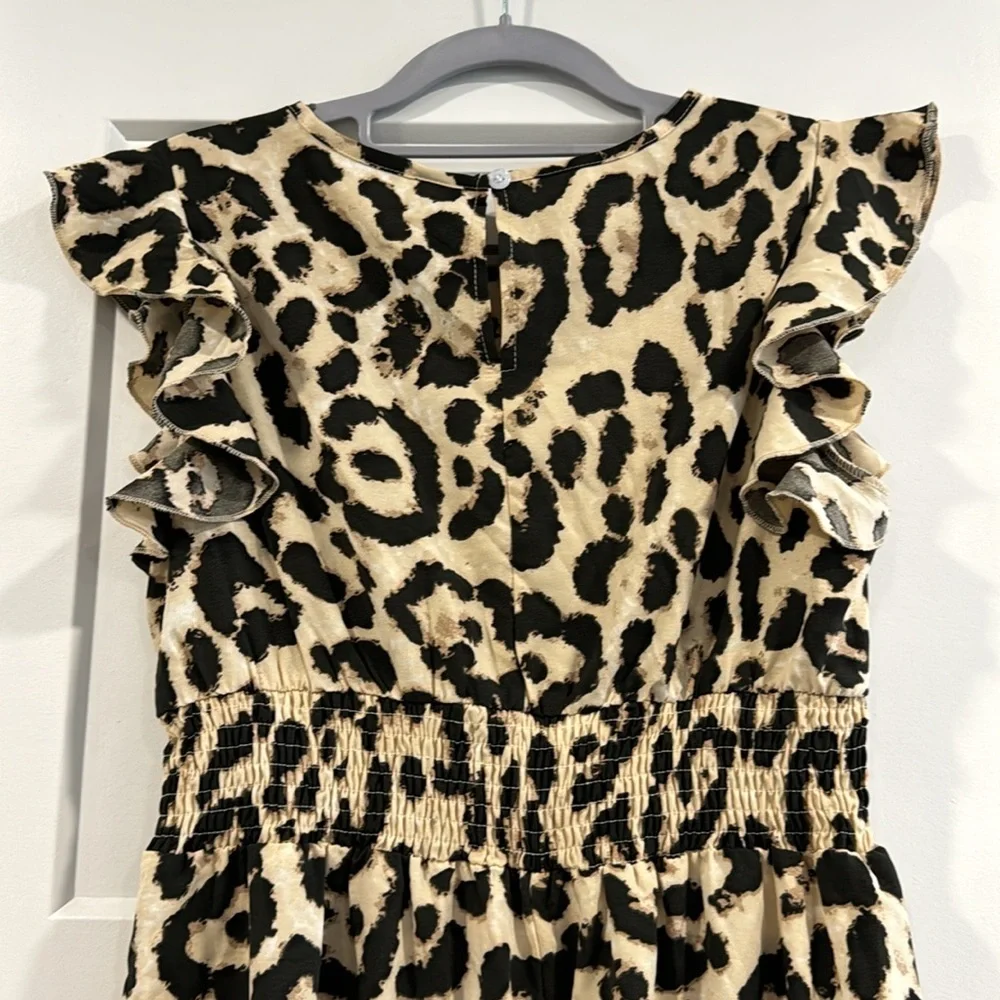 Women’s Animal Print Leopard Black Tan Maxi Long Ruffle Sleeve Dress Medium - Picture 6 of 8